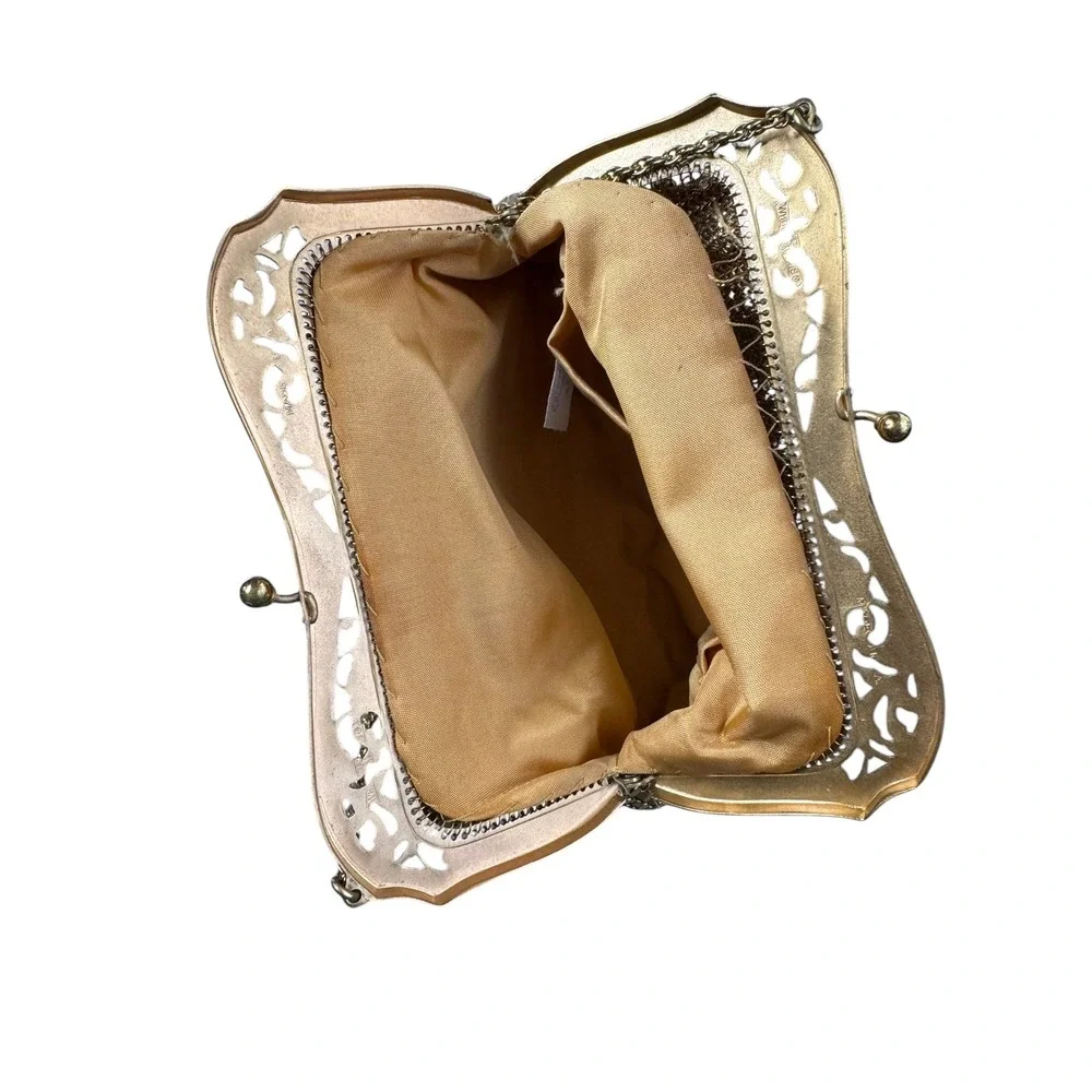 Whiting & Davis Vintage Gold Mesh Evening Bag Filigree Frame Clutch Made in USA